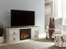 Load image into Gallery viewer, Willowton - 2 Pc. - TV Stand With Faux Firebrick Fireplace Insert - Whitewash