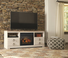 Load image into Gallery viewer, Willowton - 2 Pc. - 64" TV Stand with Faux Firebrick Fireplace Insert - Whitewash