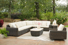 Load image into Gallery viewer, Kimora - 7 Pc. - 4-Piece Outdoor Sectional, Swivel Glider Lounge, Cocktail Table, End Table - Beige / Dark Brown
