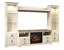 Load image into Gallery viewer, Willowton - Entertainment Center - TV Stand With Faux Firebrick Fireplace Insert - Whitewash