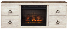 Load image into Gallery viewer, Willowton - 2 Pc. - TV Stand With Faux Firebrick Fireplace Insert - Whitewash
