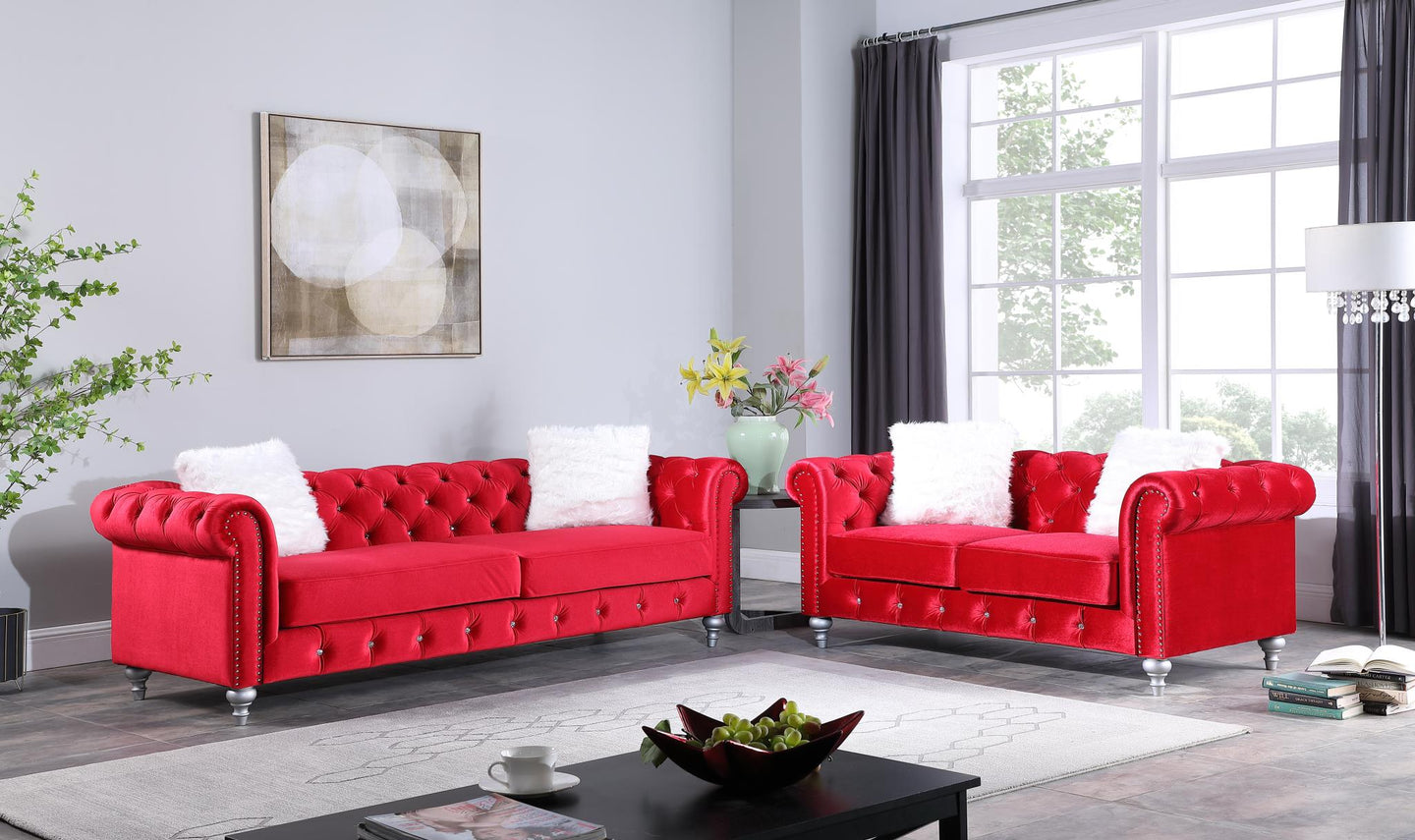 Aya 2PC Red Velvet Sofa & Loveseat